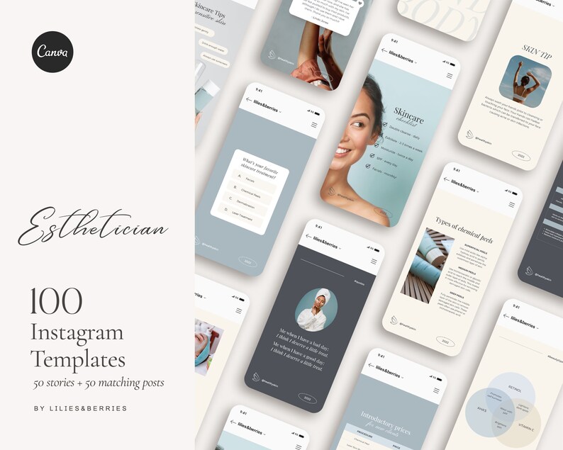 May include: A collection of Instagram templates for estheticians, featuring a variety of skincare tips and promotional content. The templates are displayed on multiple smartphone screens, with a soft, neutral color palette and the text "Esthetician" and "100 Instagram Templates".