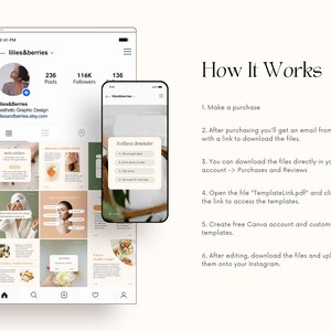 May include: A screenshot of an Instagram profile and a mobile phone screen showing a set of Instagram templates for wellness and lifestyle content. The templates feature a light green and peach color scheme with images of food, skincare, and wellness tips. The text on the phone screen reads "Wellness Reminder". The text on the Instagram profile reads "lilies&berries" and "Aesthetic Graphic Design".