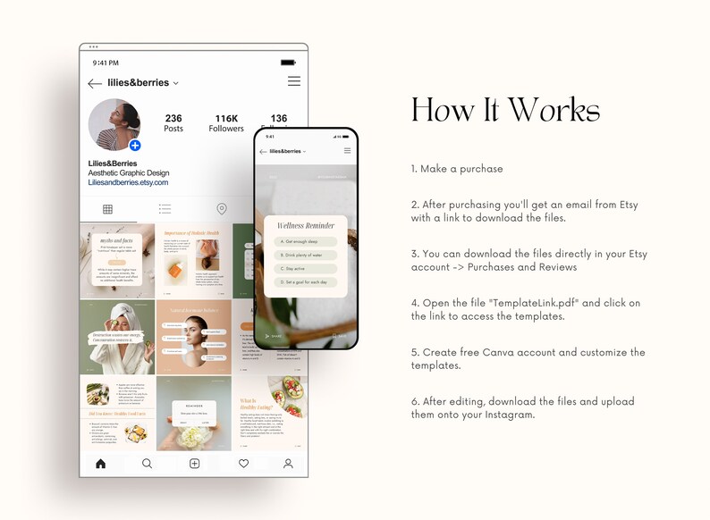 May include: A screenshot of an Instagram profile and a mobile phone screen showing a set of Instagram templates for wellness and lifestyle content. The templates feature a light green and peach color scheme with images of food, skincare, and wellness tips. The text on the phone screen reads "Wellness Reminder". The text on the Instagram profile reads "lilies&berries" and "Aesthetic Graphic Design".