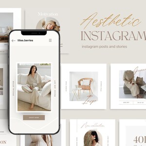 May include: A phone screen mockup showing a social media post with a woman wearing a beige outfit sitting on a couch. The post includes the text "lilies.berries", "Special Offer", "Prices 30% Off", and "Shop Now".