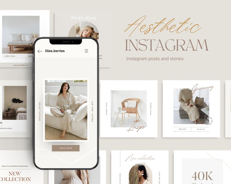 May include: A phone screen mockup showing a social media post with a woman wearing a beige outfit sitting on a couch. The post includes the text "lilies.berries", "Special Offer", "Prices 30% Off", and "Shop Now".