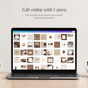 以下が含まれることがあります： 「Edit online with Canva」というテキストと、コーヒーをテーマにしたデザインの画像のグリッドが表示されているラップトップコンピューター。ウェブサイトは「Free and easy-to-use website with a simple drag-and-drop interface.」と説明されています。