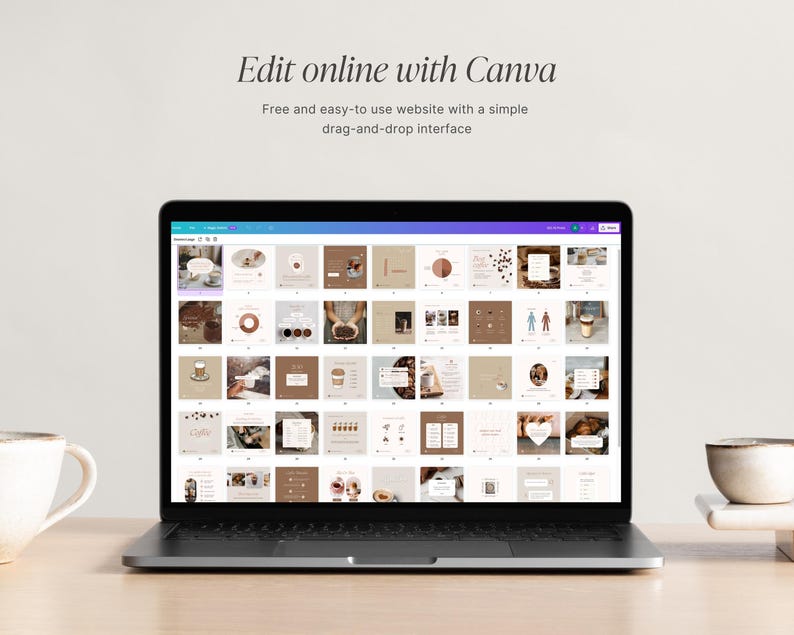 以下が含まれることがあります： 「Edit online with Canva」というテキストと、コーヒーをテーマにしたデザインの画像のグリッドが表示されているラップトップコンピューター。ウェブサイトは「Free and easy-to-use website with a simple drag-and-drop interface.」と説明されています。