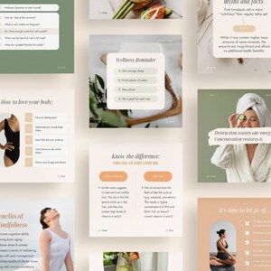 May include: A collage of images with wellness tips and advice. The images feature a woman in a swimsuit, a woman in a bathrobe, a woman meditating, and a plate of avocado slices. The text includes phrases like "How to love your body", "Benefits of Mindfulness", "Wellness Reminder", "Know the difference: Fish Oil vs Cod Liver Oil", "Distraction wastes our energy. Concentration restores it.", and "It's time to let go of..."