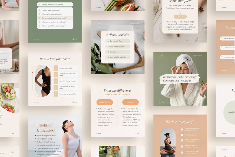 May include: A collage of images with wellness tips and advice. The images feature a woman in a swimsuit, a woman in a bathrobe, a woman meditating, and a plate of avocado slices. The text includes phrases like "How to love your body", "Benefits of Mindfulness", "Wellness Reminder", "Know the difference: Fish Oil vs Cod Liver Oil", "Distraction wastes our energy. Concentration restores it.", and "It's time to let go of..."