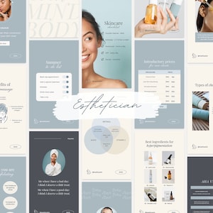 May include: A collection of skincare infographics in shades of blue, white, and beige. The graphics include information on skincare routines, facial massage benefits, and chemical peels. The word "Esthetician" is written in cursive.