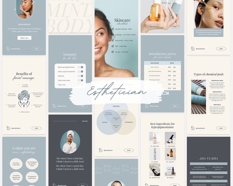 May include: A collection of skincare infographics in shades of blue, white, and beige. The graphics include information on skincare routines, facial massage benefits, and chemical peels. The word "Esthetician" is written in cursive.