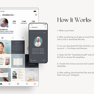 May include: A digital graphic design tutorial displayed on a phone and computer screen. The screens show an Instagram profile and instructions on how to purchase and download templates. The text reads "How It Works".
