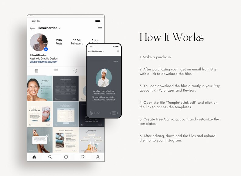 May include: A digital graphic design tutorial displayed on a phone and computer screen. The screens show an Instagram profile and instructions on how to purchase and download templates. The text reads "How It Works".