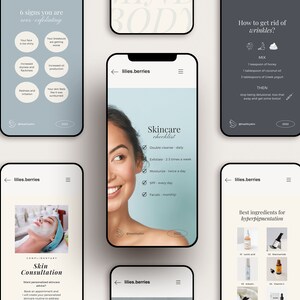 May include: A collection of smartphones displaying skincare tips and information. The screens feature text and graphics about skincare routines, ingredients, and consultations. The color palette includes light blue, white, and beige.