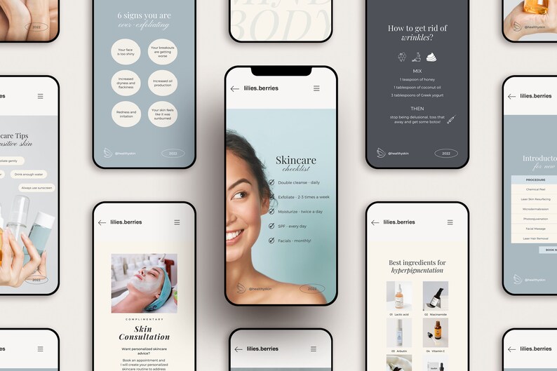 May include: A collection of smartphones displaying skincare tips and information. The screens feature text and graphics about skincare routines, ingredients, and consultations. The color palette includes light blue, white, and beige.