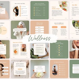 May include: A collage of 16 images with a green and peach color scheme. The images feature text about wellness, including tips on how to love your body, healthy eating, and mental wellbeing. The images also include quotes and illustrations.