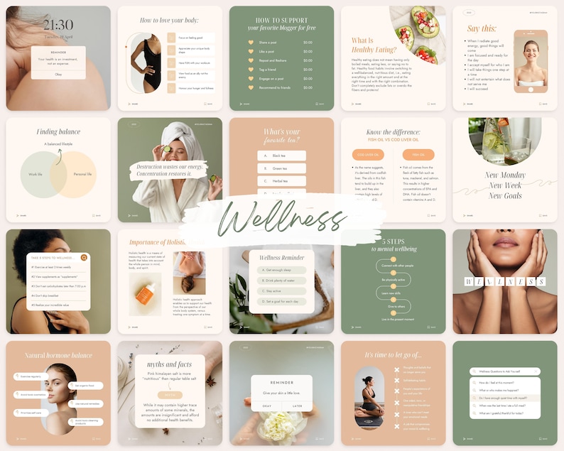 May include: A collage of 16 images with a green and peach color scheme. The images feature text about wellness, including tips on how to love your body, healthy eating, and mental wellbeing. The images also include quotes and illustrations.
