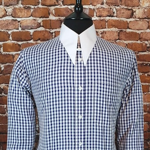 Mens Spear point and Tab collar gingham blue and white 1960s Shirt white cotton