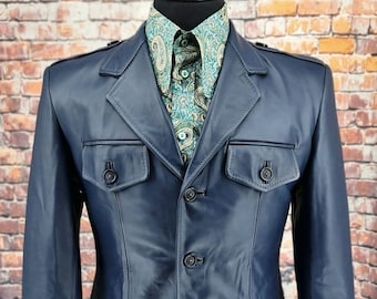 Vintage Inspired Navy Leather Safari Jacket, 60s Mod Style