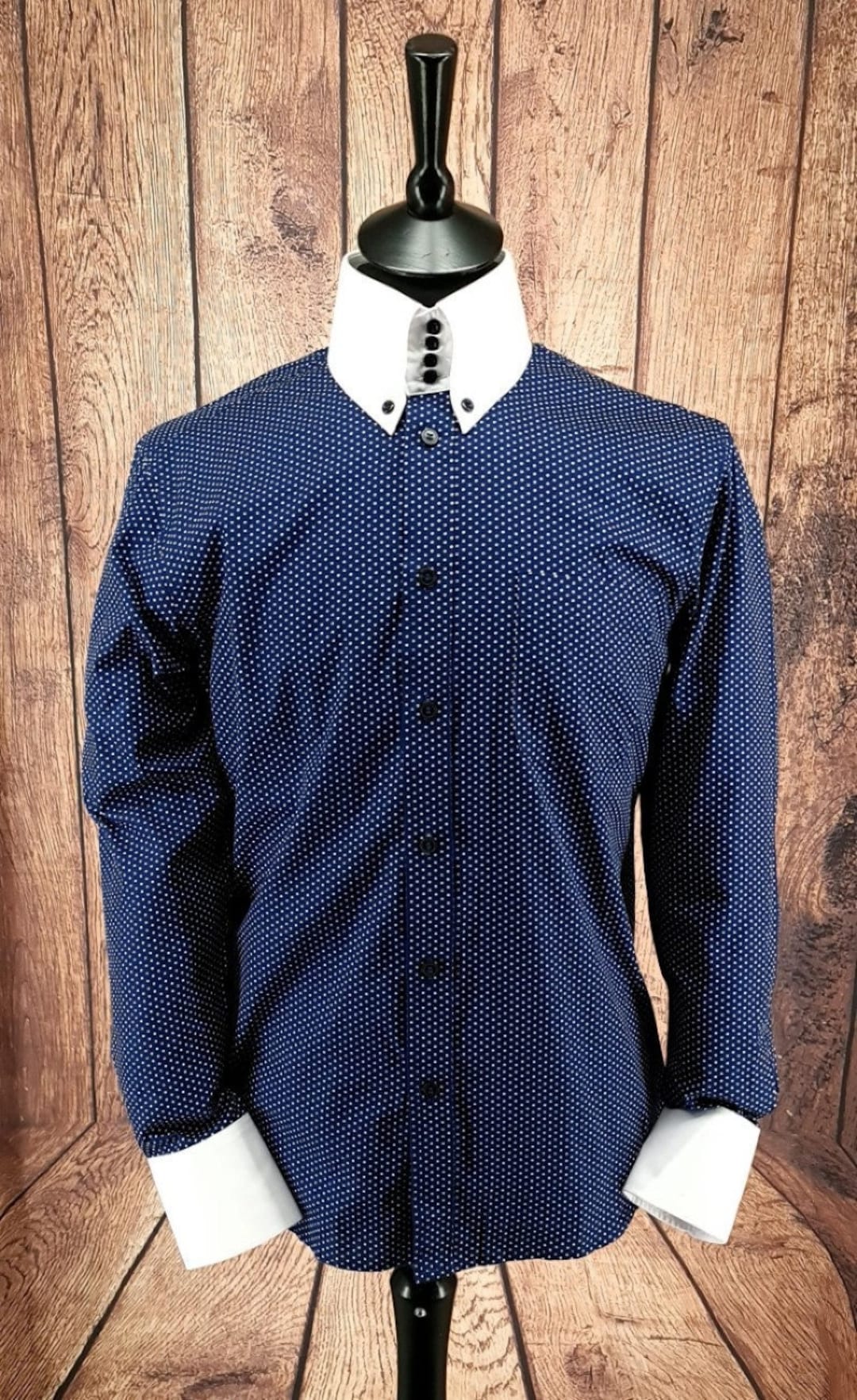 Mens 4 Button Nigh Neck Collar Shirt Later 1960's Style Navy