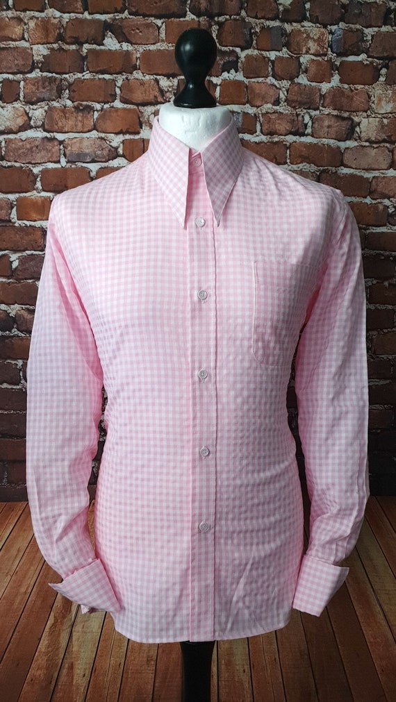 strapless open back dress Men's Classic Fit Double Cuff Shirt in Pink White Check main image 0