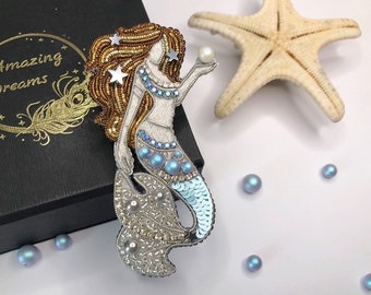 The Mermaid brooch pin, handmade embroidery