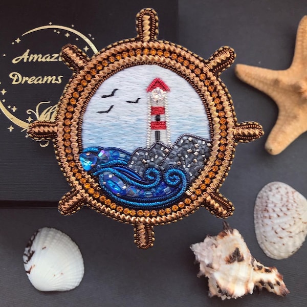 Lighthouse brooch, handmade embroidered pin brooch, sea style