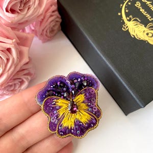 Purple Pansies embroidered brooch with sequins, Violet beaded brooch