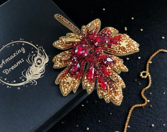 Scarlet and gold Maple Leaf handmade brooch with crystals and beads