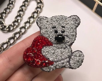 Teddy bear with a heart pin, handmade embroidered brooch