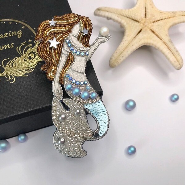 The Mermaid brooch pin, handmade embroidery