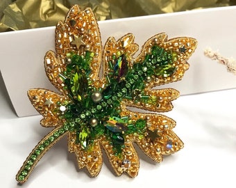 Golden and green Maple Leaf handmade beaded brooch with crystals