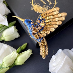 Golden Blue Hummingbird brooch, handmade embroidered bird pin
