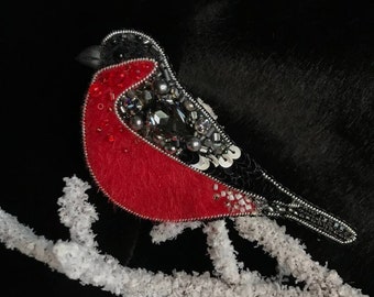 Bullfinch handmade beaded brooch with crystal