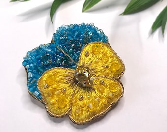 Pansies brooch, Ukrainian handmade brooch yellow-blue flower