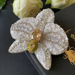 White Orchid beaded brooch with crystal, Elegant pin Orchid, gift for women, handmade brooch