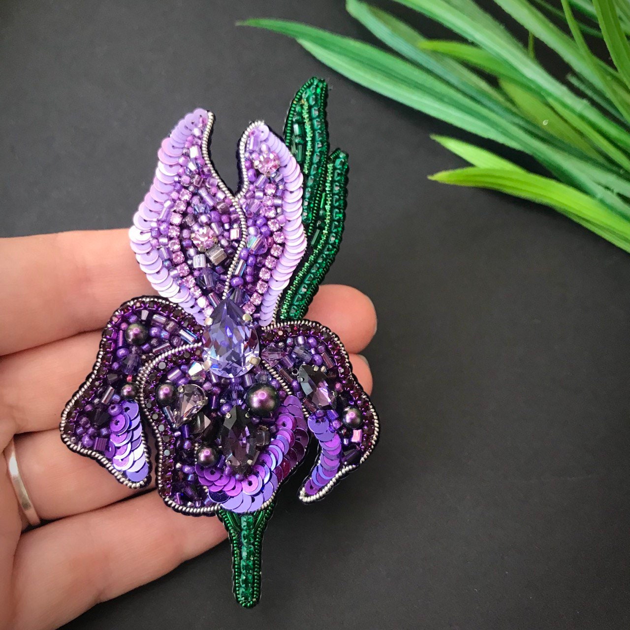 Iris Handmade Beaded Brooch With Sequins, Flower Pin - Etsy