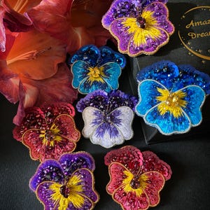 Pansy Flowers embroidered brooches with sequins, Viola beaded brooch