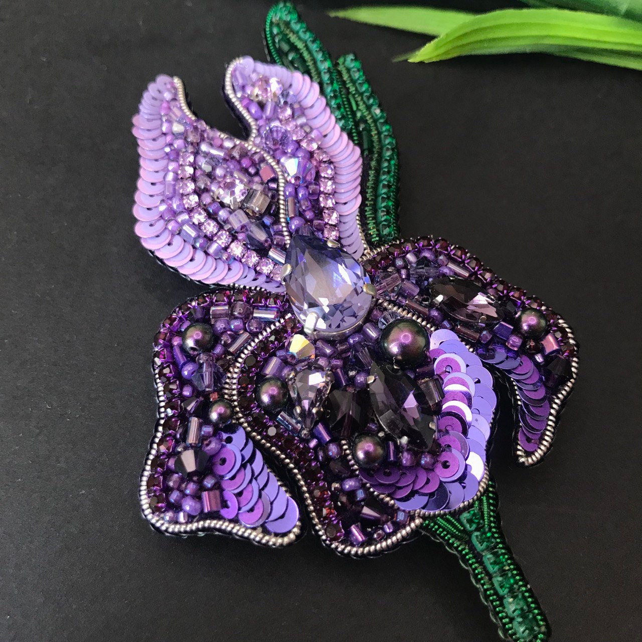 Iris Handmade Beaded Brooch With Sequins, Flower Pin - Etsy