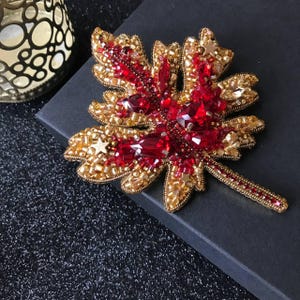 Scarlet and gold Maple Leaf handmade brooch with crystals and beads