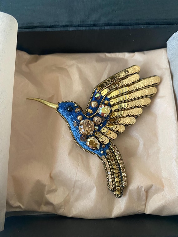 Broche épingle Colibri - Faux Corail Et Turquoise - Doré - Occasion En Bon état - Sans Marque