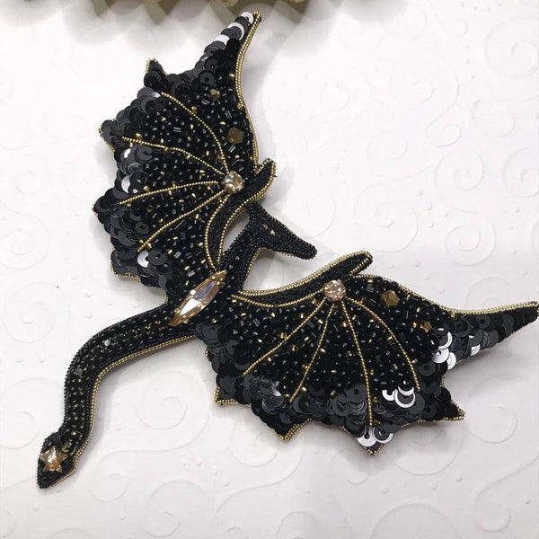 Golden black Dragon brooch, handmade beaded brooch pin with sequins