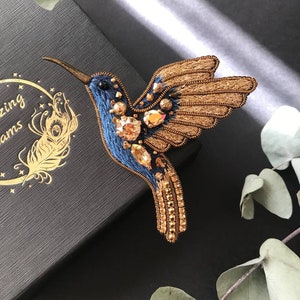 Golden Blue Hummingbird brooch, handmade embroidered bird pin