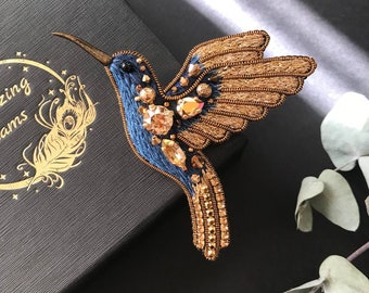 Golden Blue Hummingbird brooch, handmade embroidered bird pin