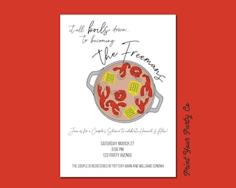 May include: A white invitation card with a hand-drawn illustration of a pot of crawfish. The text reads "It all boils down... to becoming The Freemans."  Join us for a Couple's Shower to celebrate Hannah & Alee! Saturday, March 27, 3:00 PM, 123 Party Avenue. The couple is registered at Pottery Barn and Williams Sonoma. Print Your Party Co.