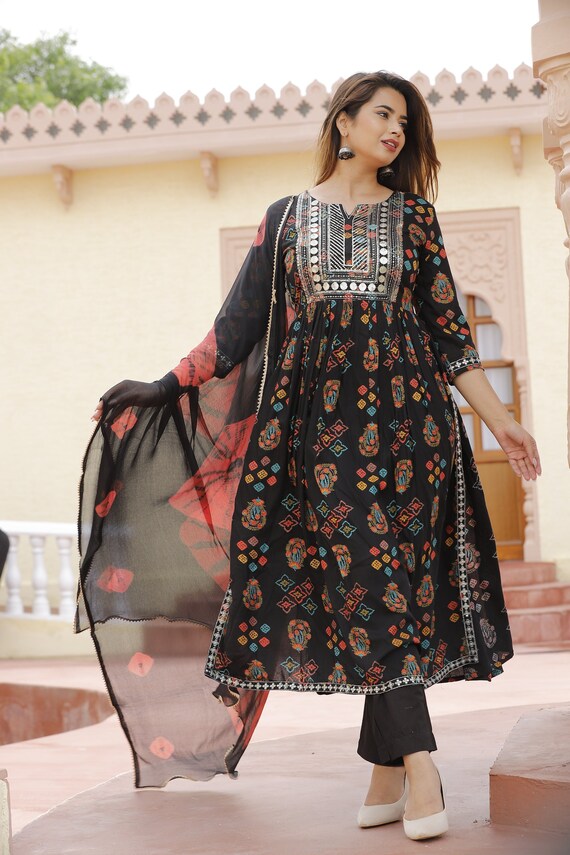 Black PartyQueen Round Neck Poplon Kurti Pant Dupatta Set – Kaira