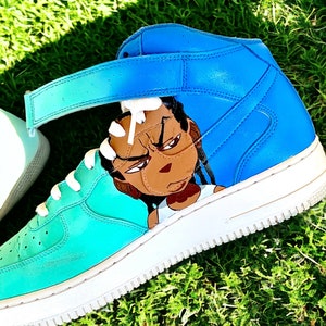 Boondocks AirForce Ones personalizados, sapatos de desenho animado personalizados, tênis animados, personalizados, arte de desenho animado, tênis personalizados, Coopskicks, presente para ele