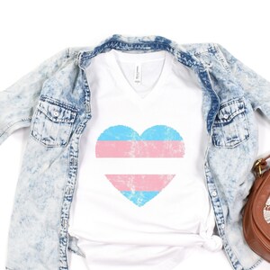 trans shirt with transgender pride flag heart, transgender clothing, v neck transgender shirt, trans pride shirt, lgbtq+ clothing T001