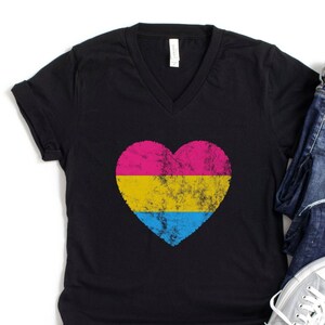 pansexual shirt with pansexual flag heart, v neck pansexual t shirt, pan pride shirt in pansexual pride flag colors, P001