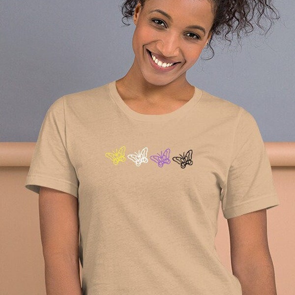 subtle non binary pride shirt with butterflies in non binary flag colors | nonbinary shirt | genderqueer clothing | lgbtqia gifts N003