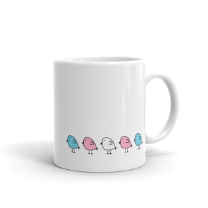 subtle trans pride coffee mug with cute birds in transgender flag colors | transgender pride gift | lgbtq+ gift ideas T005