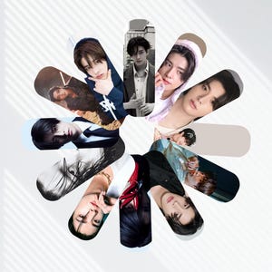 May include: A stylized image featuring a circular arrangement of portraits of young men. Each portrait is set against a neutral background, creating a flower-like design. The portraits showcase diverse styles and expressions.