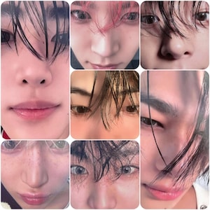 Peut inclure: Un collage de gros plans de visages, montrant des yeux, des nez et des lèvres. Les images présentent diverses couleurs de peau et textures de cheveux, certains individus ayant les cheveux mouillés. L'esthétique générale est moderne et artistique.