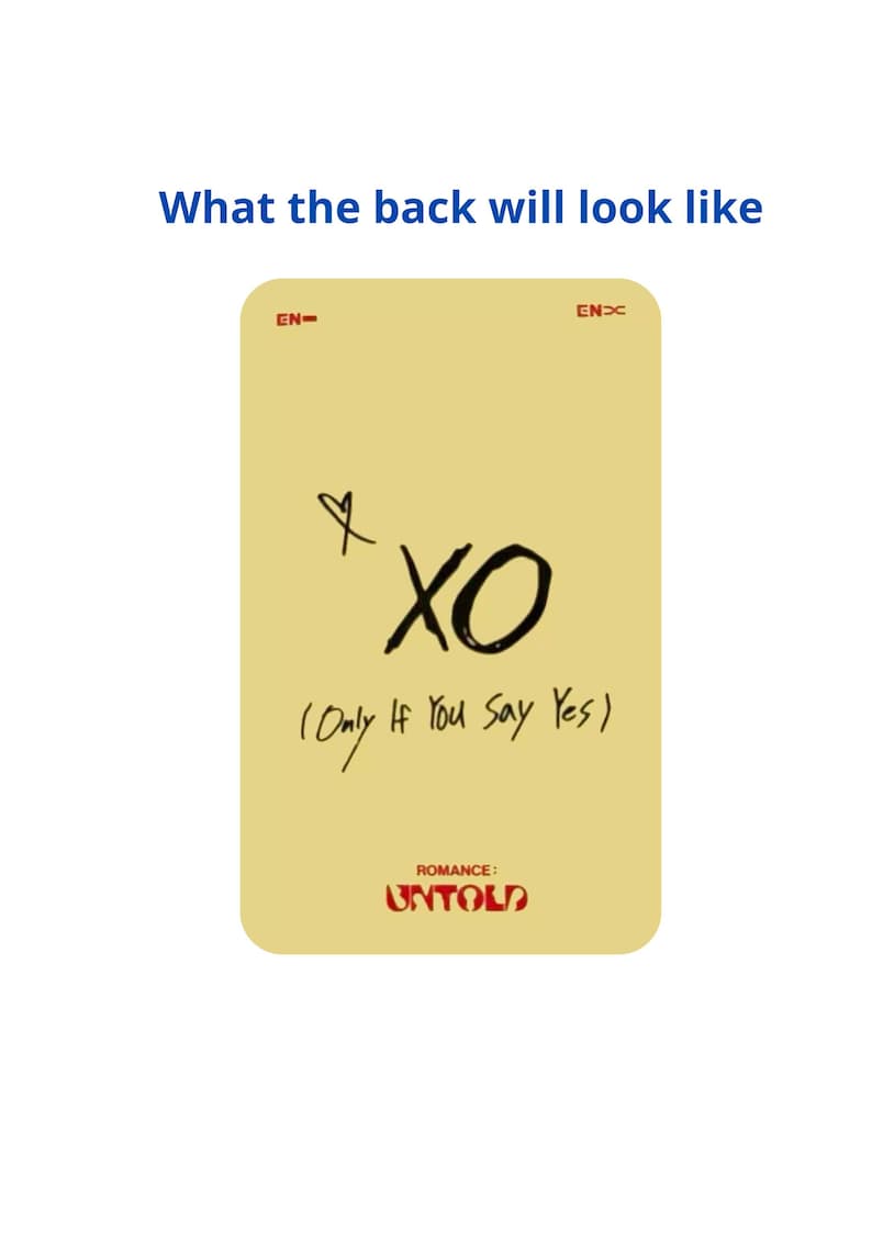 Op de afbeelding: Een rechthoekige kaart met afgeronde hoeken, met de tekst "XO" in zwart, met een hartsymbool erboven. Hieronder staat de tekst "(Only If You Say Yes)". Het woord "UNTOLD" is rood, met "ROMANCE:" erboven. De achtergrond is lichtgeel.